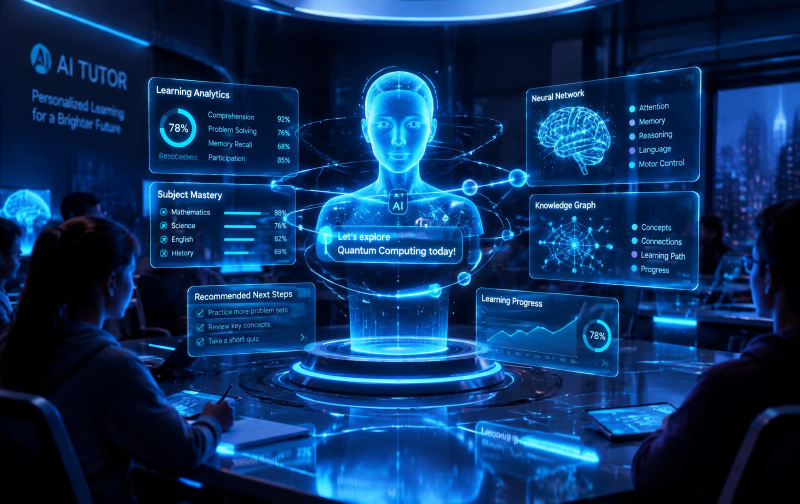 Holographic AI tutor surrounded by floating learning analytics panels