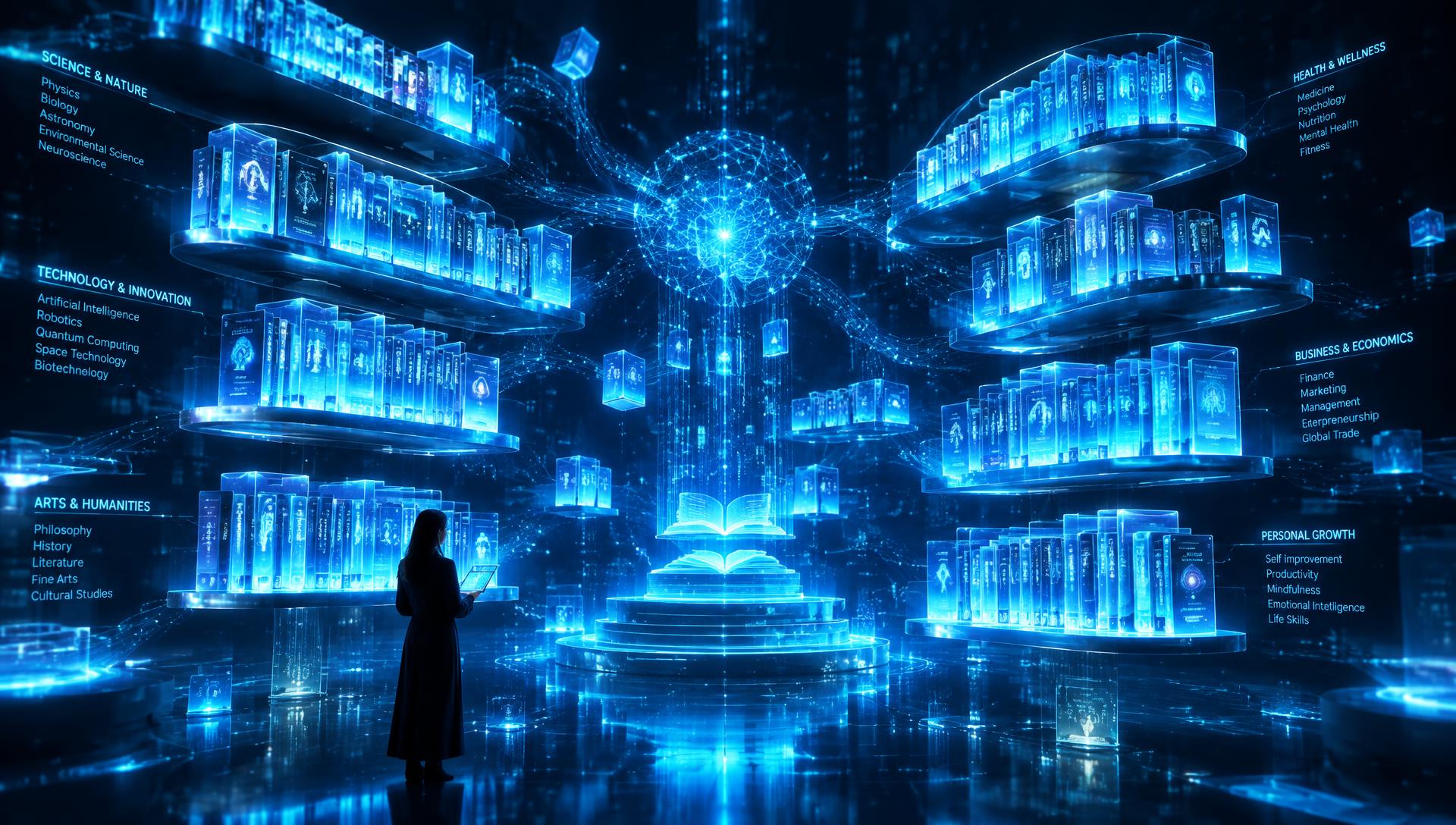 Futuristic holographic digital library of glowing books orbiting an AI core